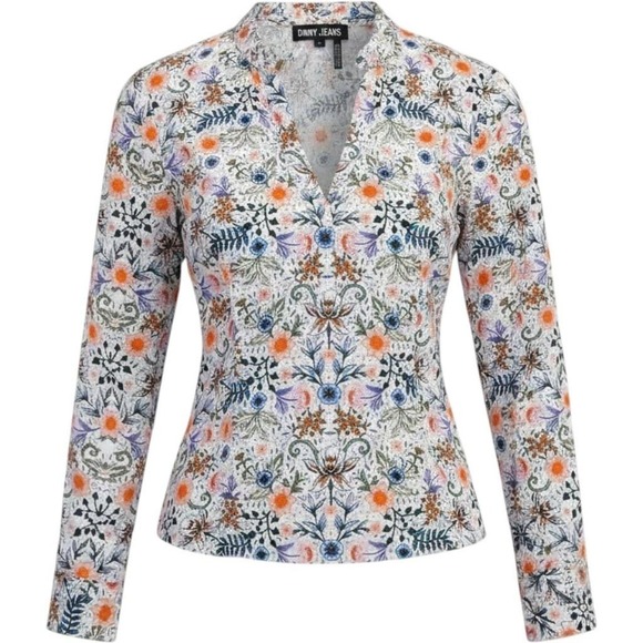 Dkny Tops - DKNY Jeans Womens Floral V-Neck Blouse Long Sleeve Orange Blue White Top L